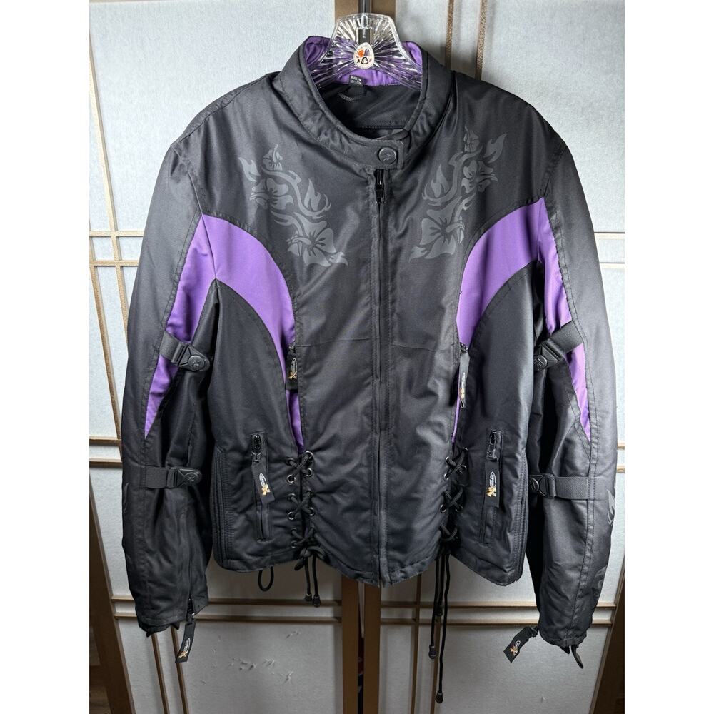 Xelement Women’s MEDIUM Gemma-style Embroidered Black Purple Motorcycle Jacket